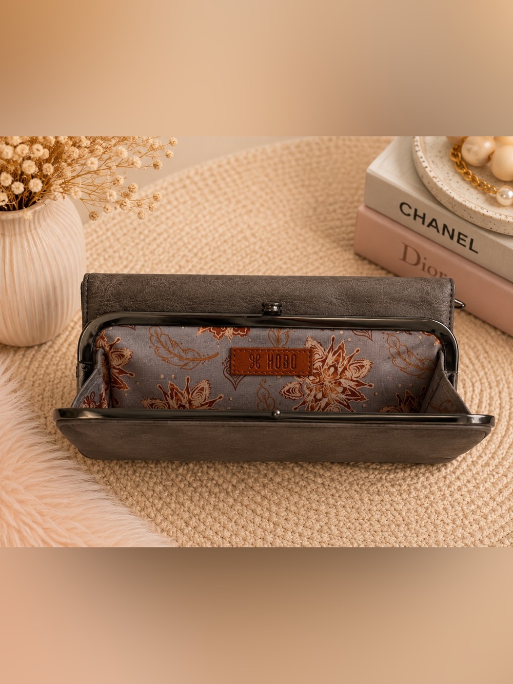 Vintage HOBO Gray Leather Frame Clutch with Floral Lining and Brown Accents